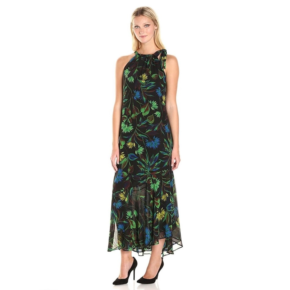 Taylor Floral Chiffon Halter Maxi Autumn Wedding Dress Black Green Blue Sz 4